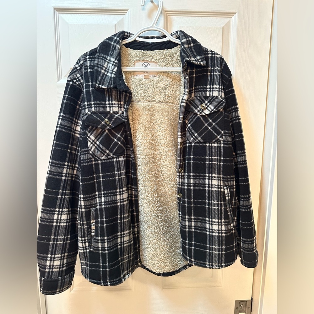 Costco sage plaid Sherpa jacket